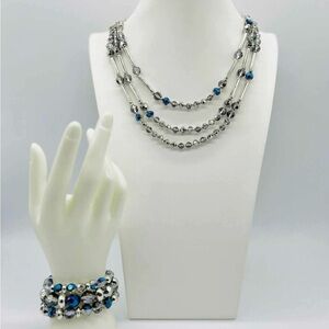 Elegant Silver and Blue Beaded Necklace and Bracelet Set